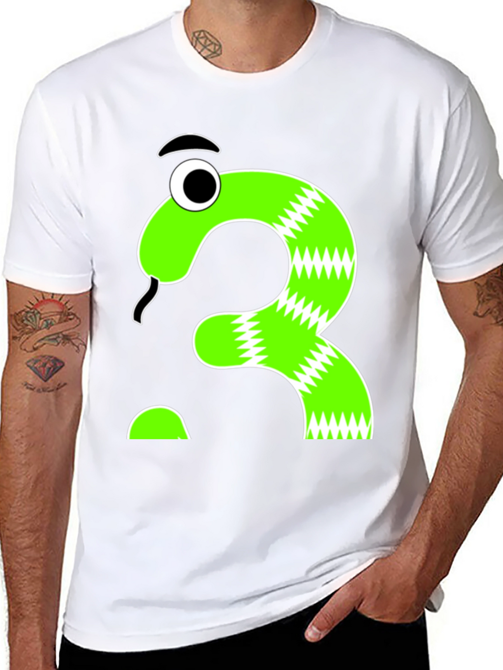 Cartoon Snake Question Mark Graphic Tee - Black Cotton