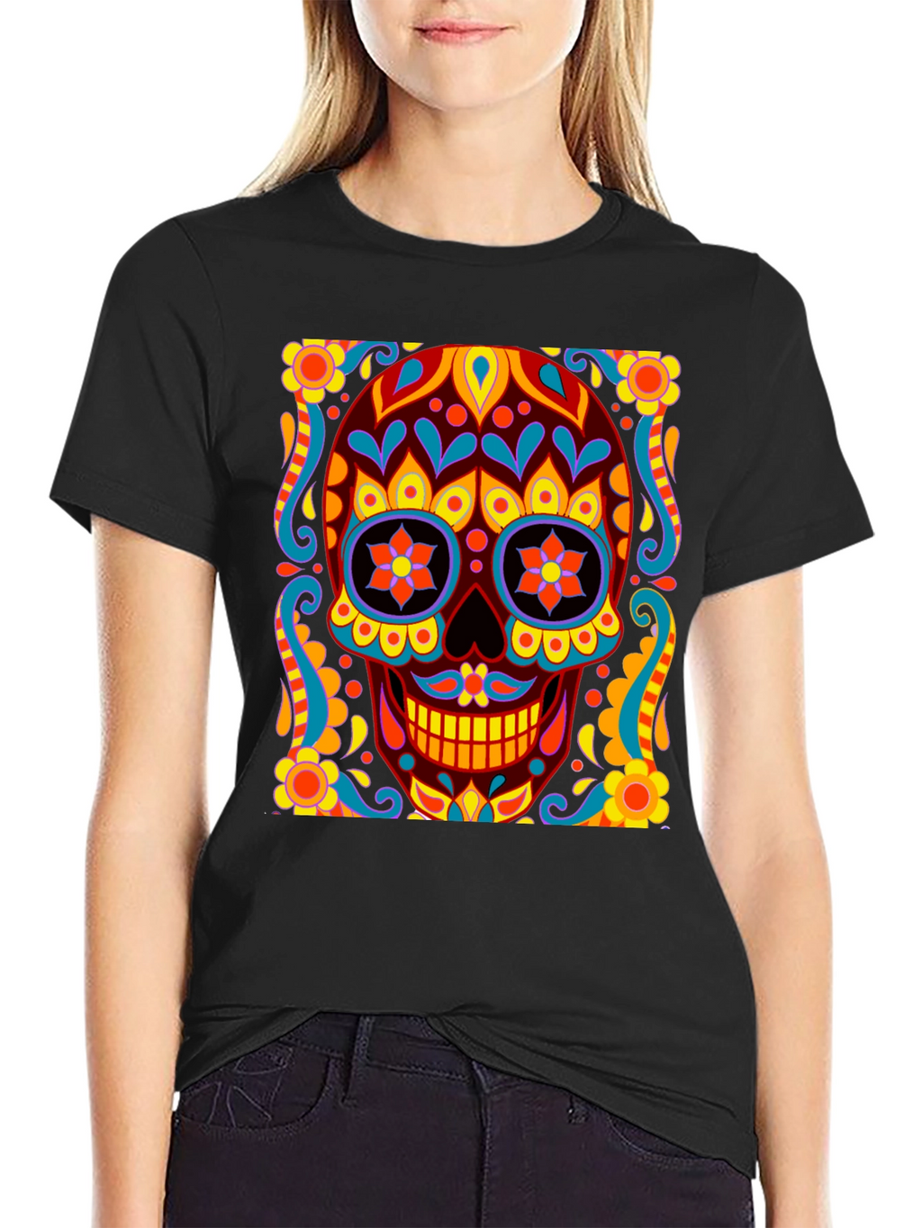 Day of the Dead Skull Graphic Black T-Shirt