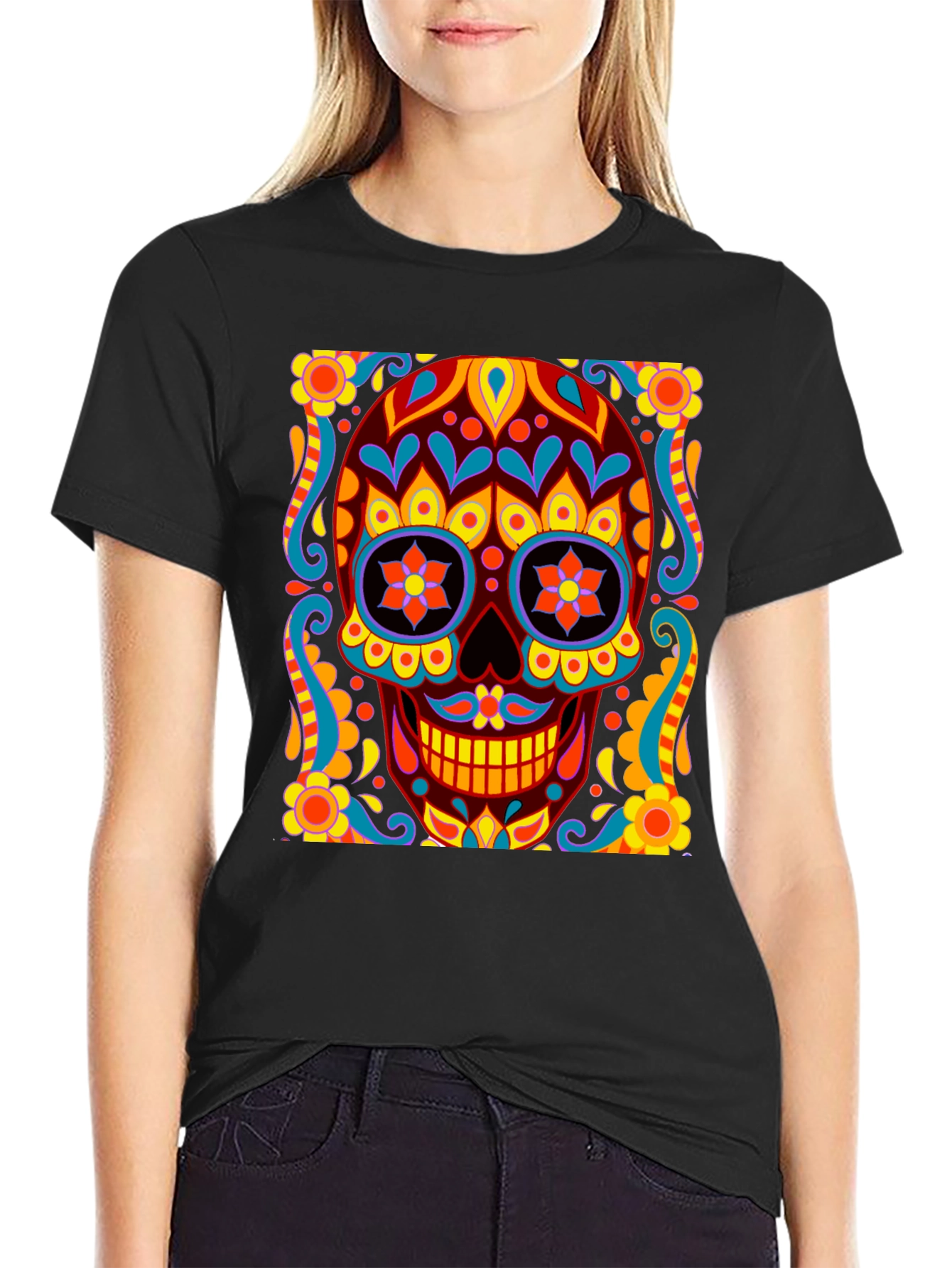 Day of the Dead Skull Graphic Black T-Shirt
