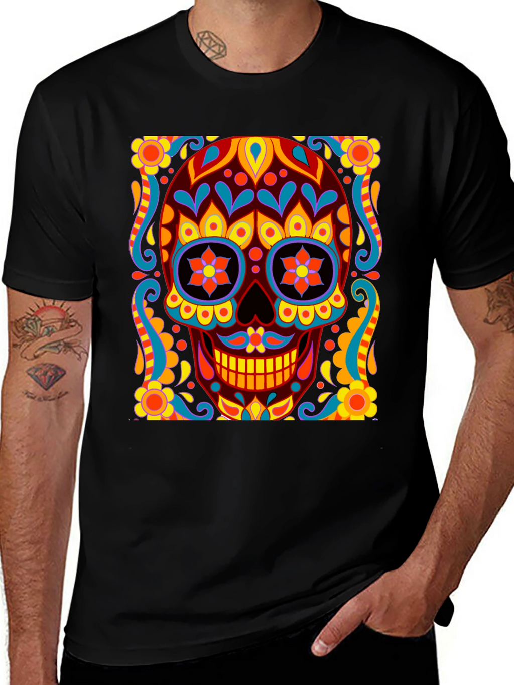 Day of the Dead Skull Graphic Black T-Shirt