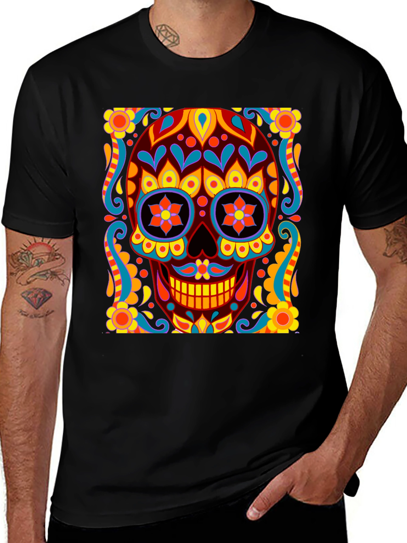 Day of the Dead Skull Graphic Black T-Shirt
