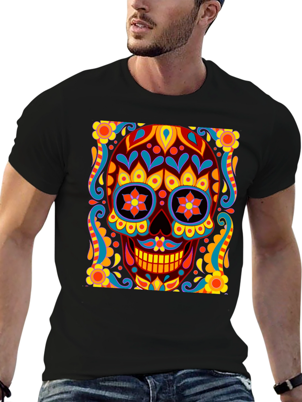 Day of the Dead Skull Graphic Black T-Shirt