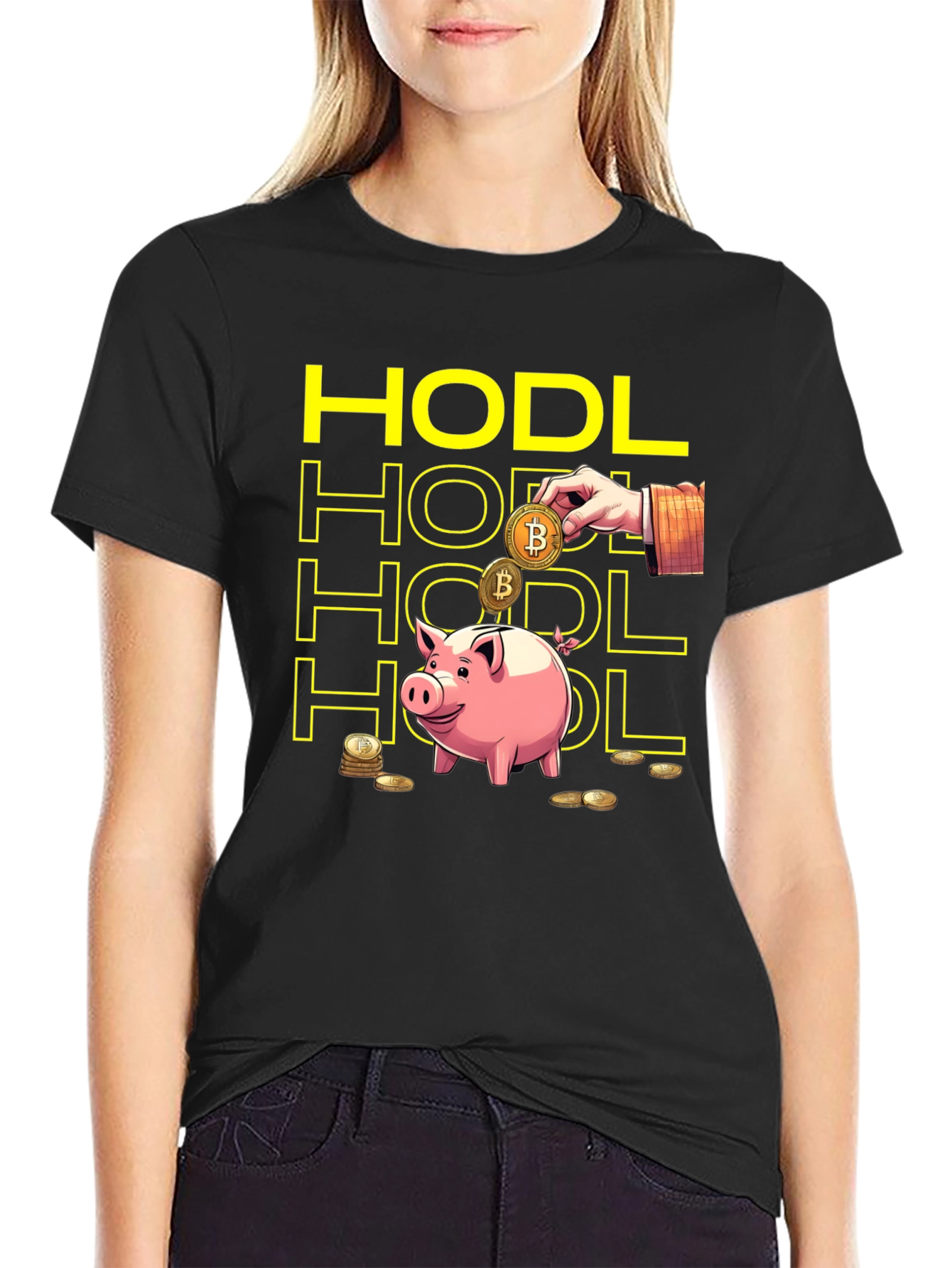 HODL Bitcoin Crypto Piggy Bank Black T-Shirt