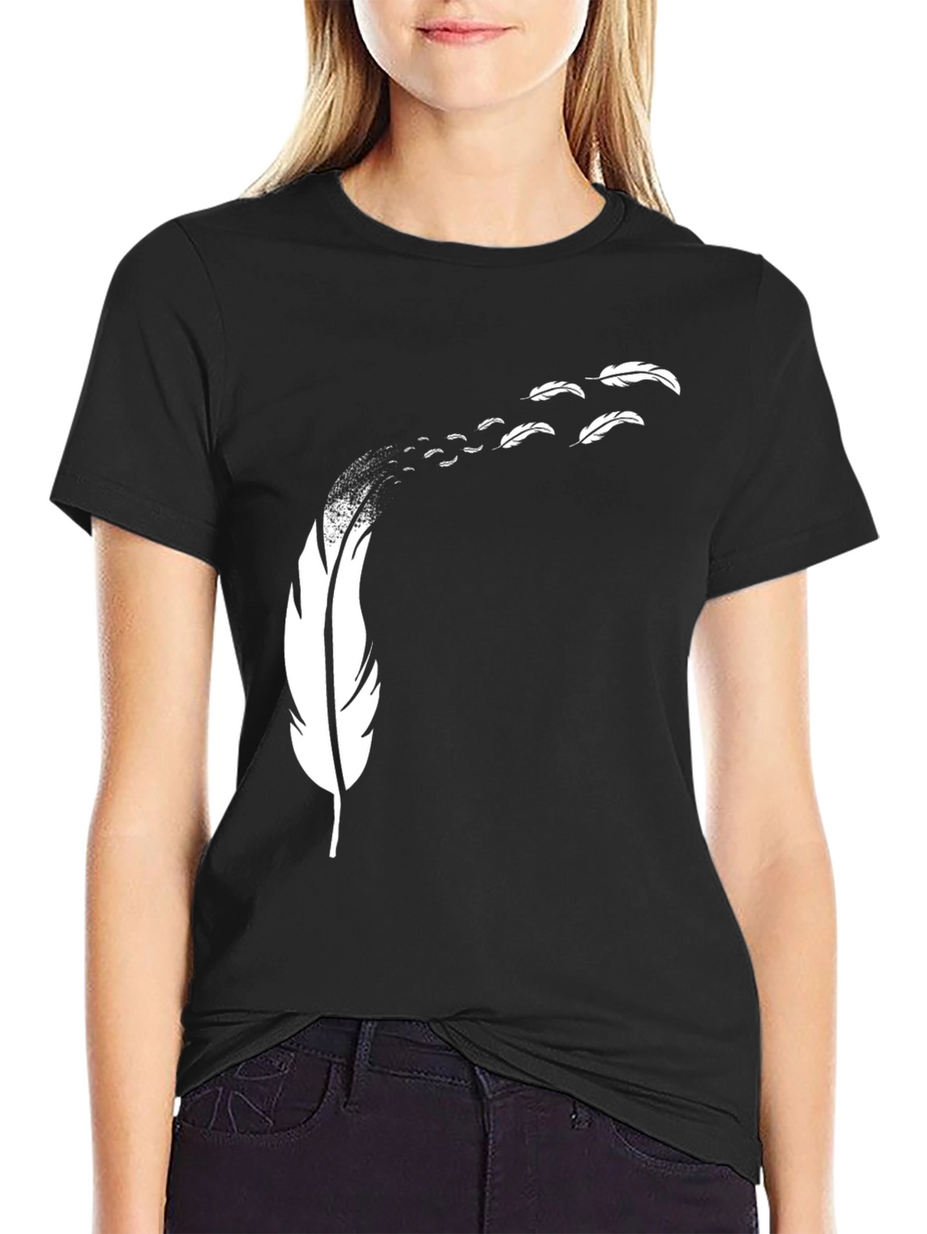 Feather Print Black T-Shirt - Mens Casual Tee