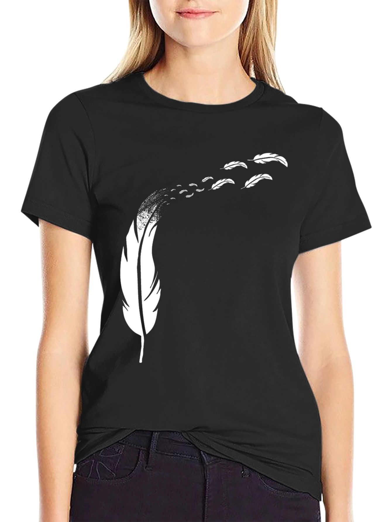 Feather Print Black T-Shirt - Mens Casual Tee