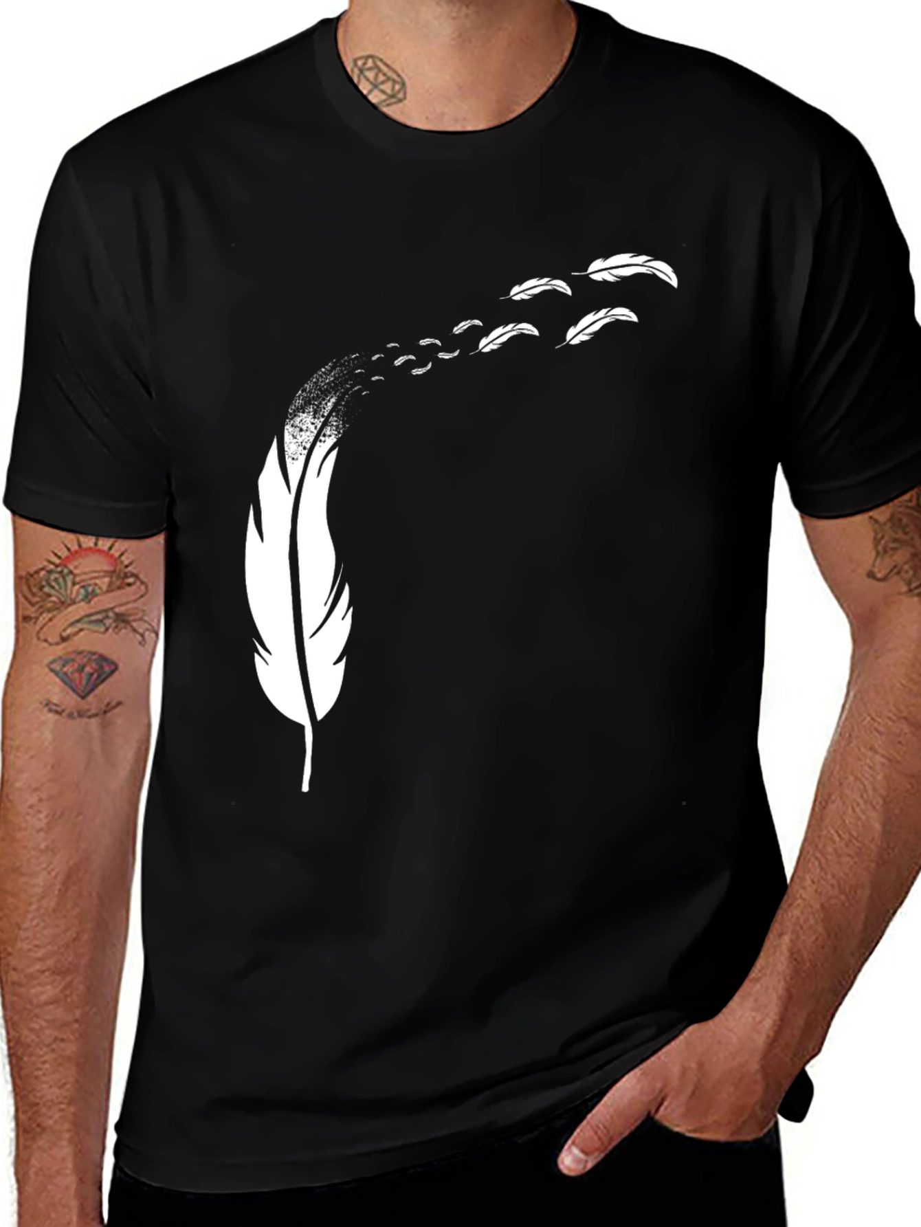 Feather Print Black T-Shirt - Mens Casual Tee
