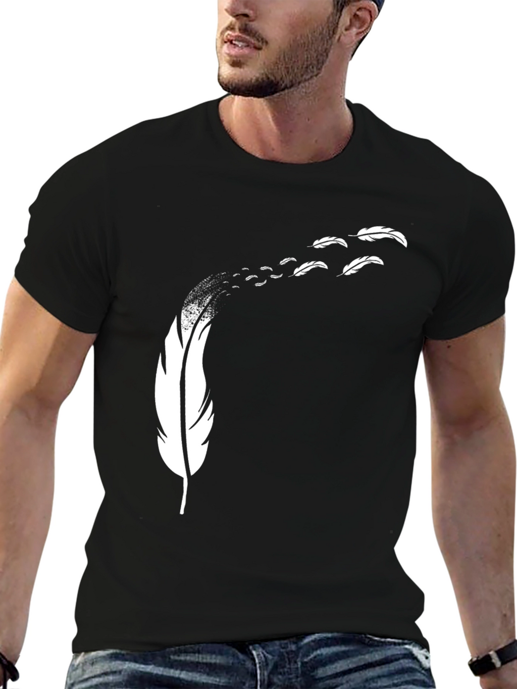 Feather Print Black T-Shirt - Mens Casual Tee