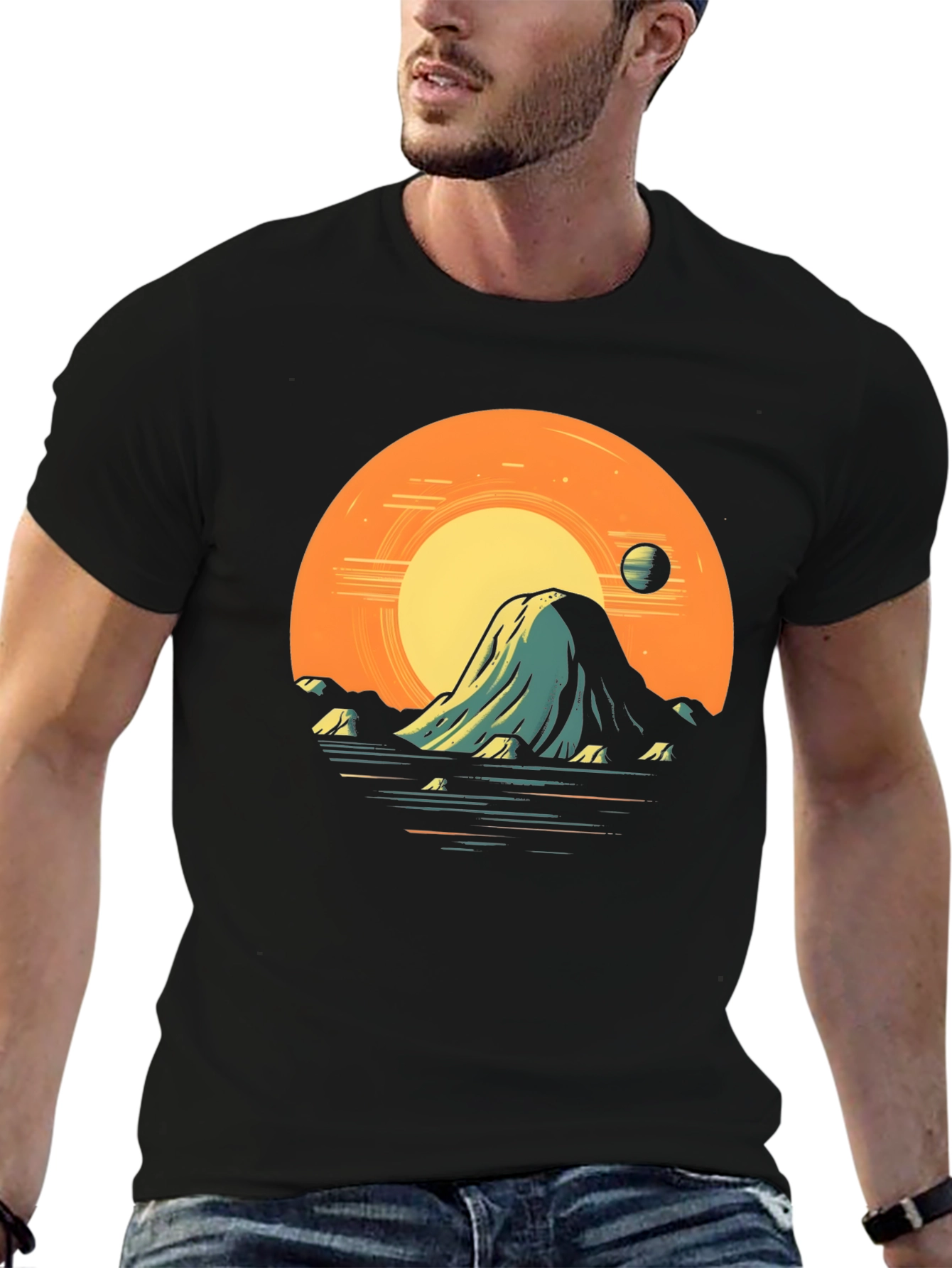 Sunset Mountain Graphic Tee - Artistic Black T-Shirt