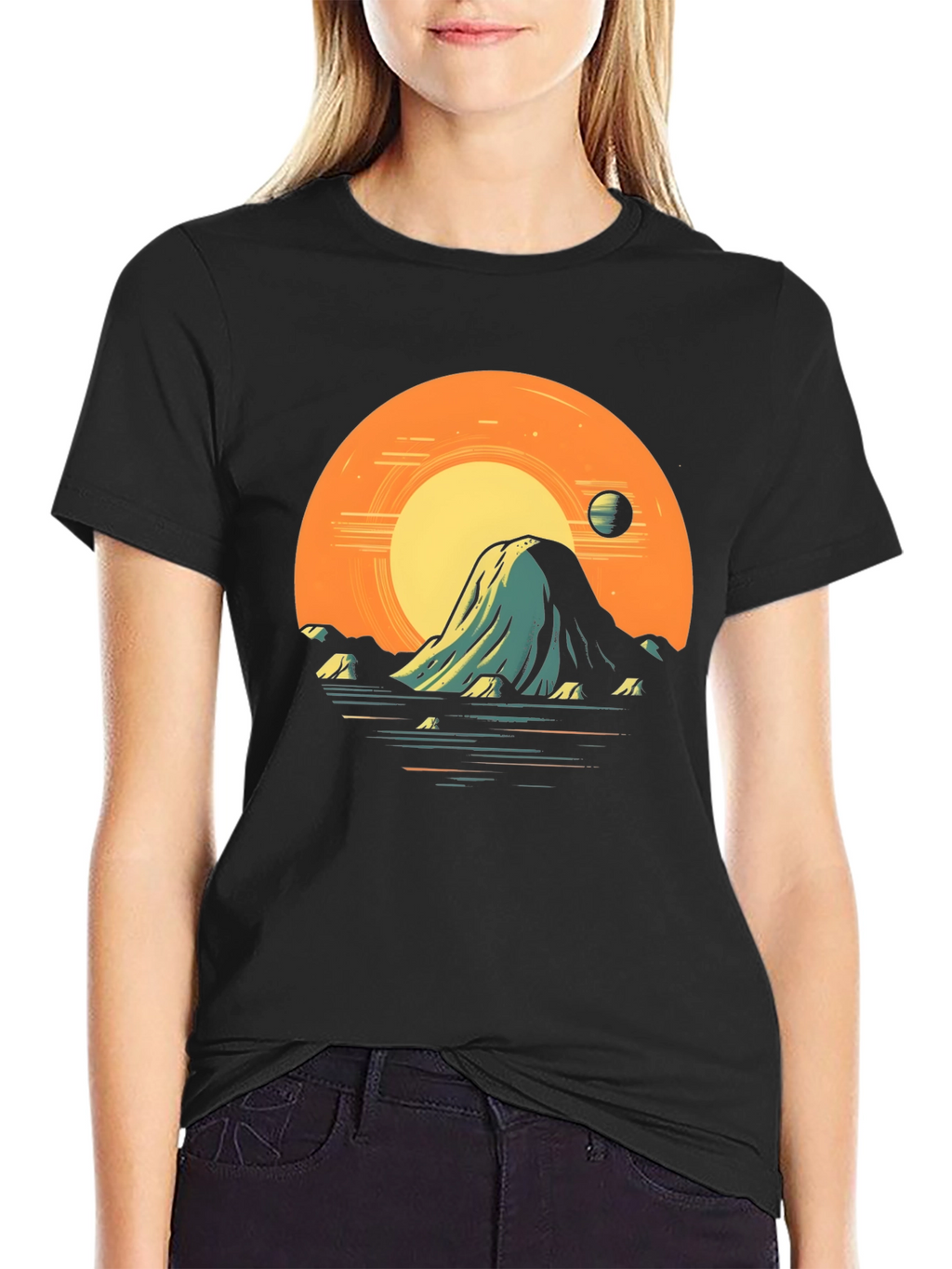 Sunset Mountain Graphic Tee - Artistic Black T-Shirt