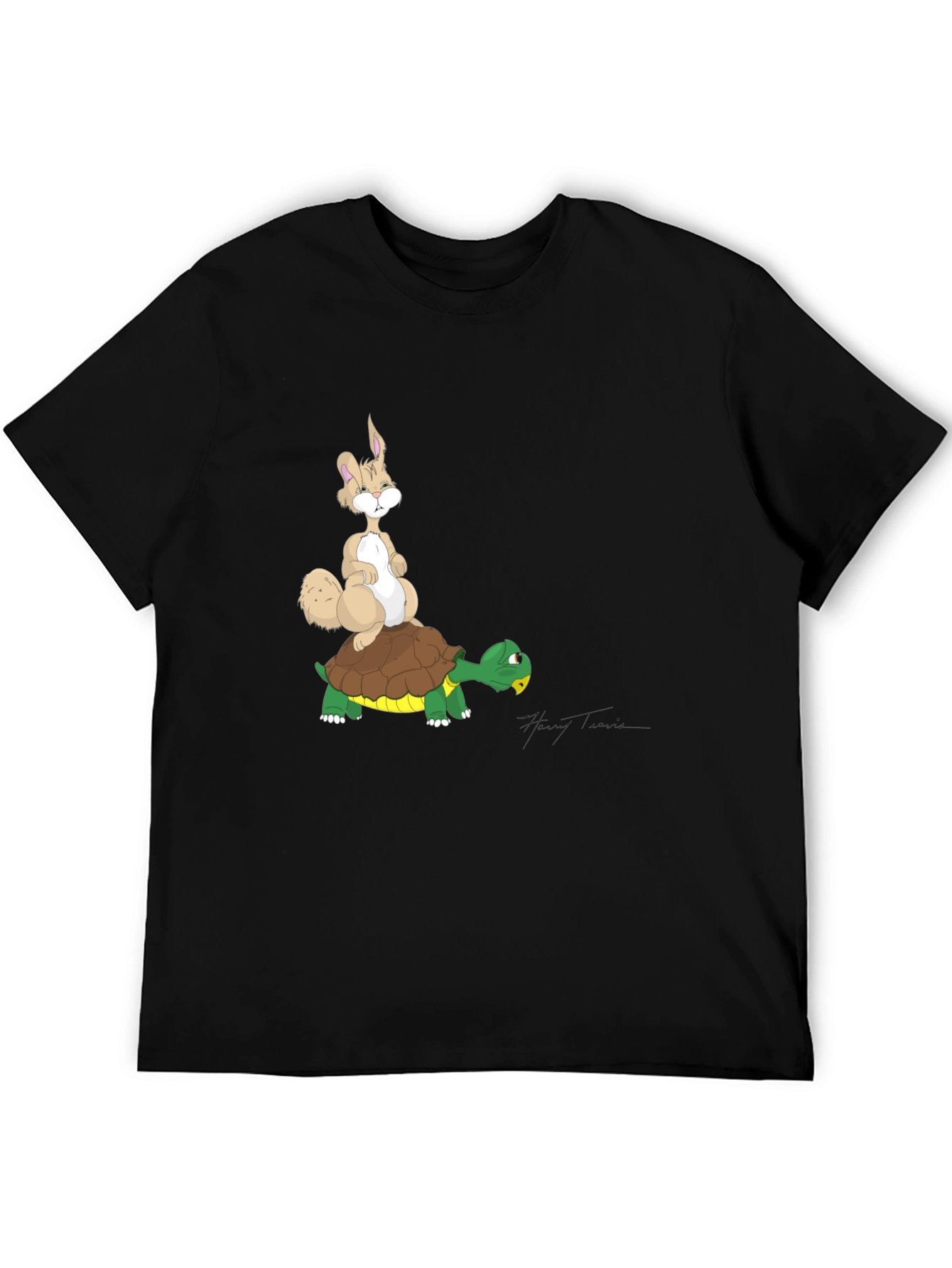 Hare and Tortoise Graphic Tee - Black Cotton T-Shirt
