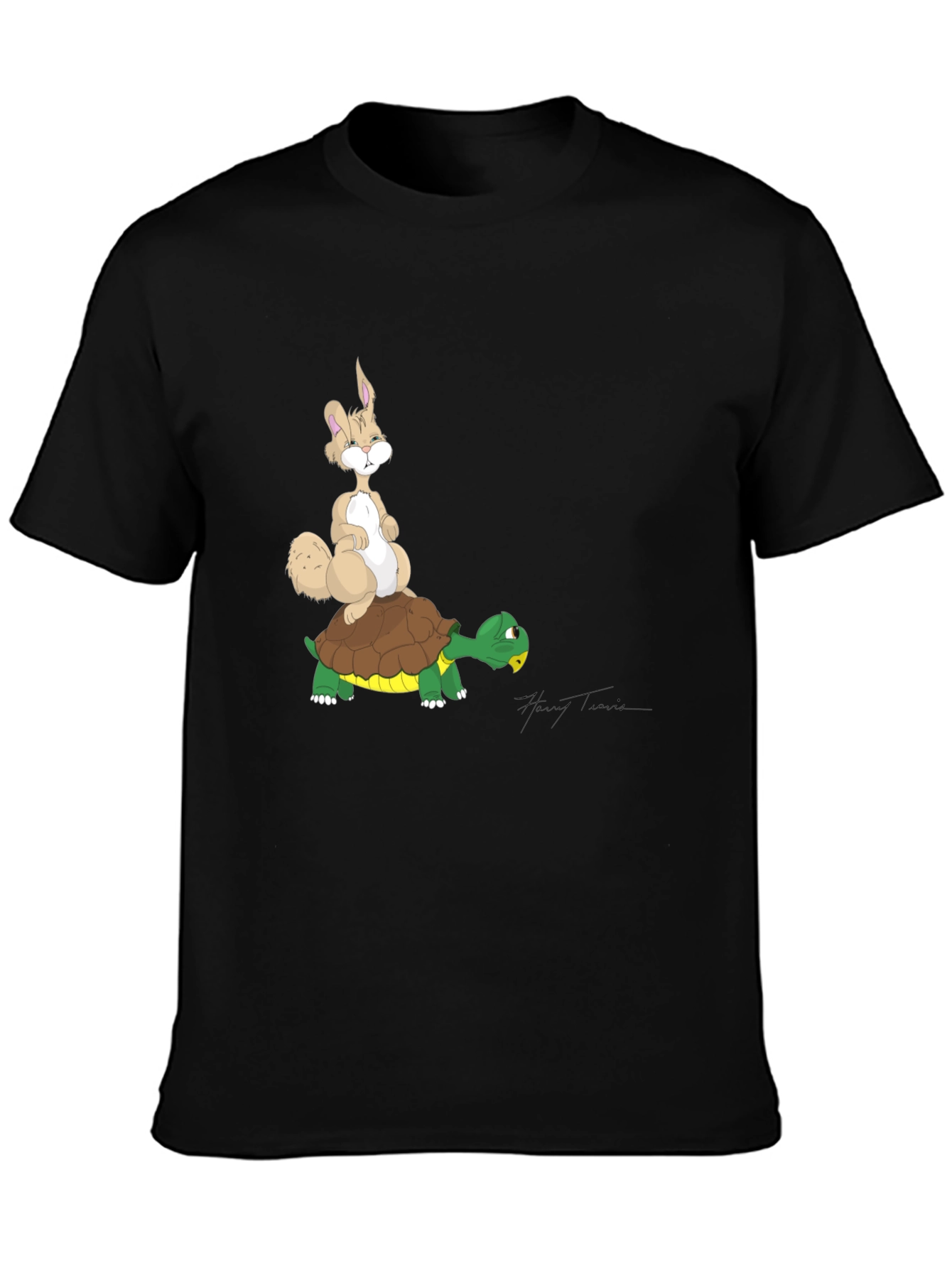 Hare and Tortoise Graphic Tee - Black Cotton T-Shirt