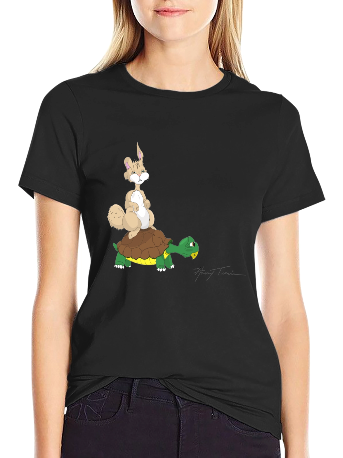 Hare and Tortoise Graphic Tee - Black Cotton T-Shirt