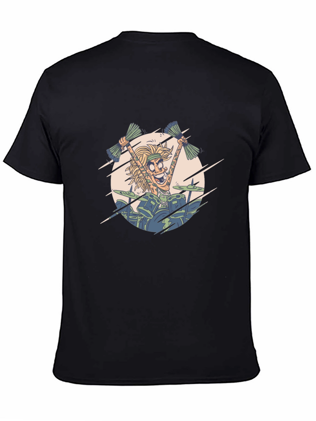 Drummer Cartoon Graphic Print Black T-Shirt