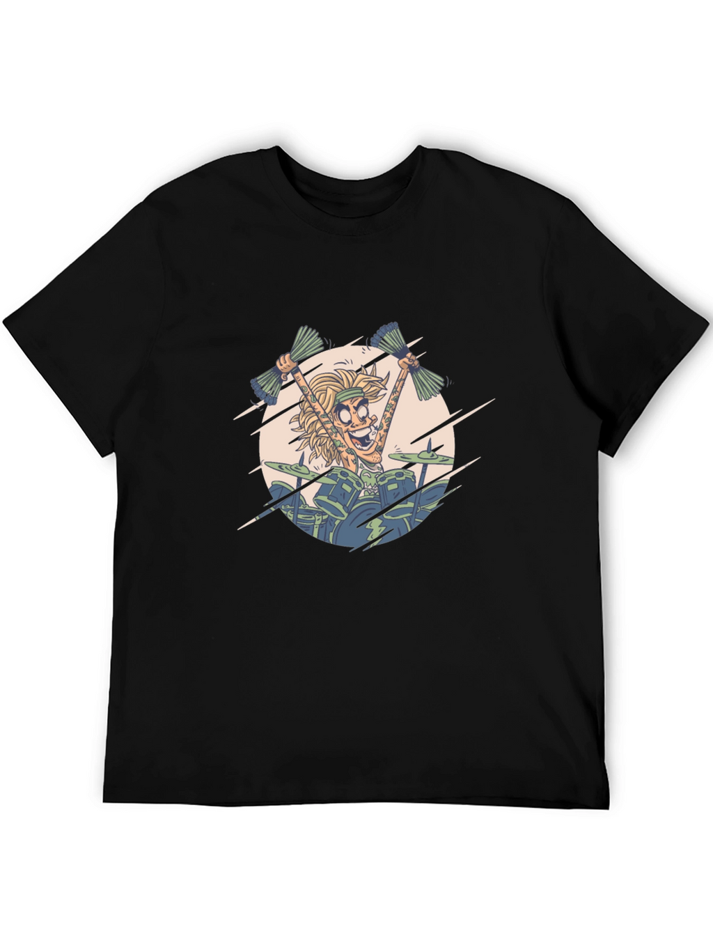 Drummer Cartoon Graphic Print Black T-Shirt