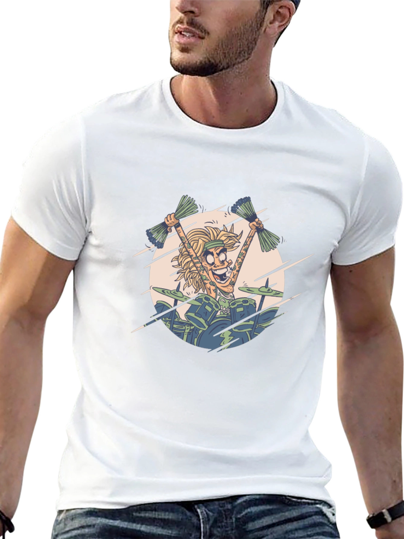 Drummer Cartoon Graphic Print Black T-Shirt