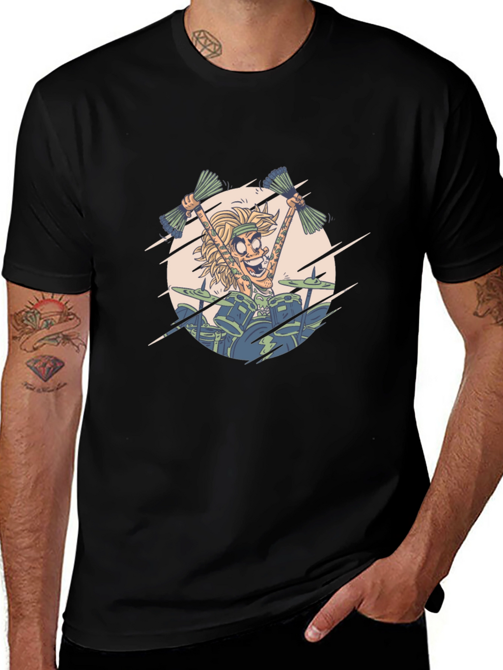 Drummer Cartoon Graphic Print Black T-Shirt