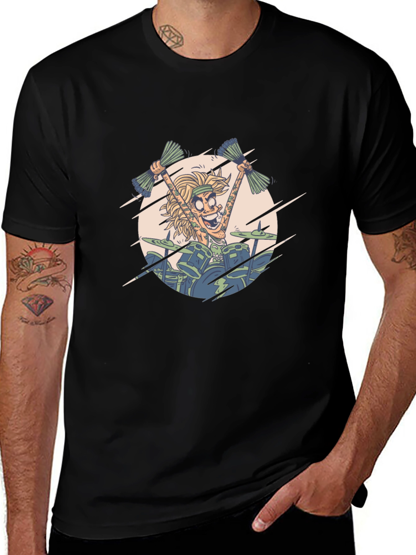 Drummer Cartoon Graphic Print Black T-Shirt