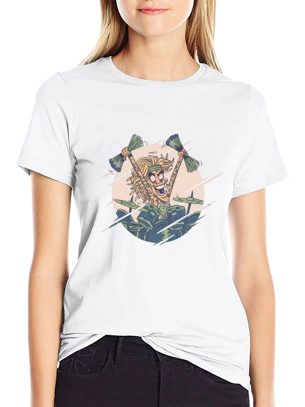 Drummer Cartoon Graphic Print Black T-Shirt
