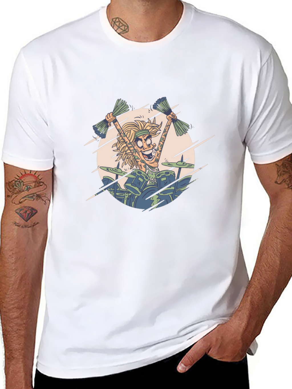 Drummer Cartoon Graphic Print Black T-Shirt