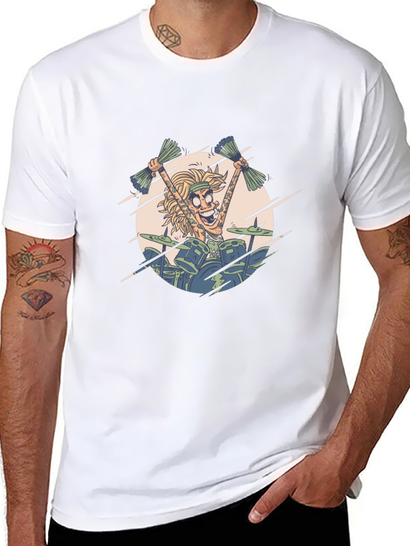 Drummer Cartoon Graphic Print Black T-Shirt
