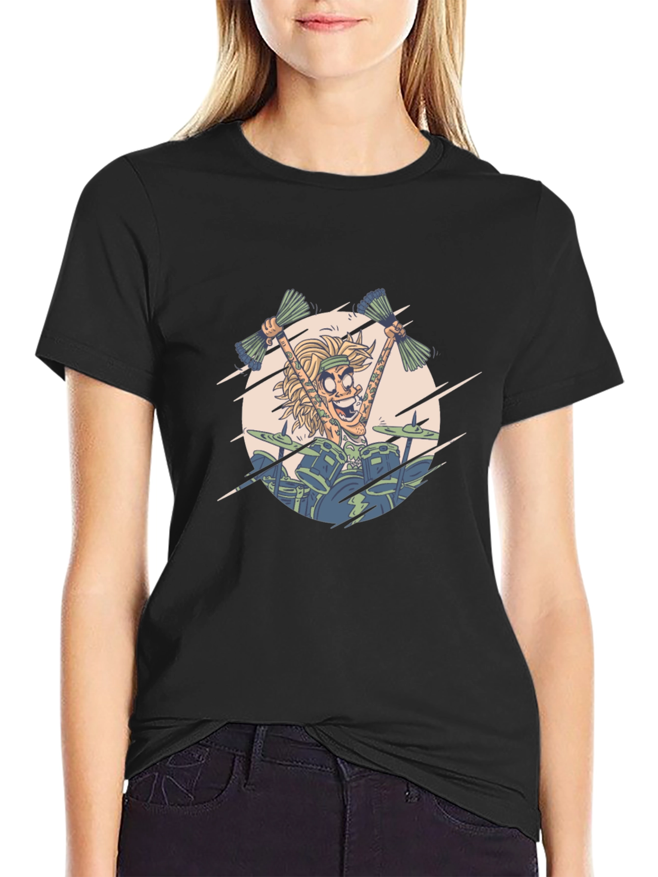 Drummer Cartoon Graphic Print Black T-Shirt