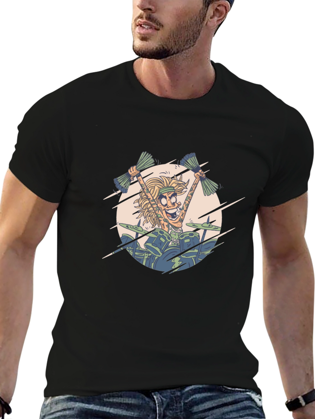 Drummer Cartoon Graphic Print Black T-Shirt