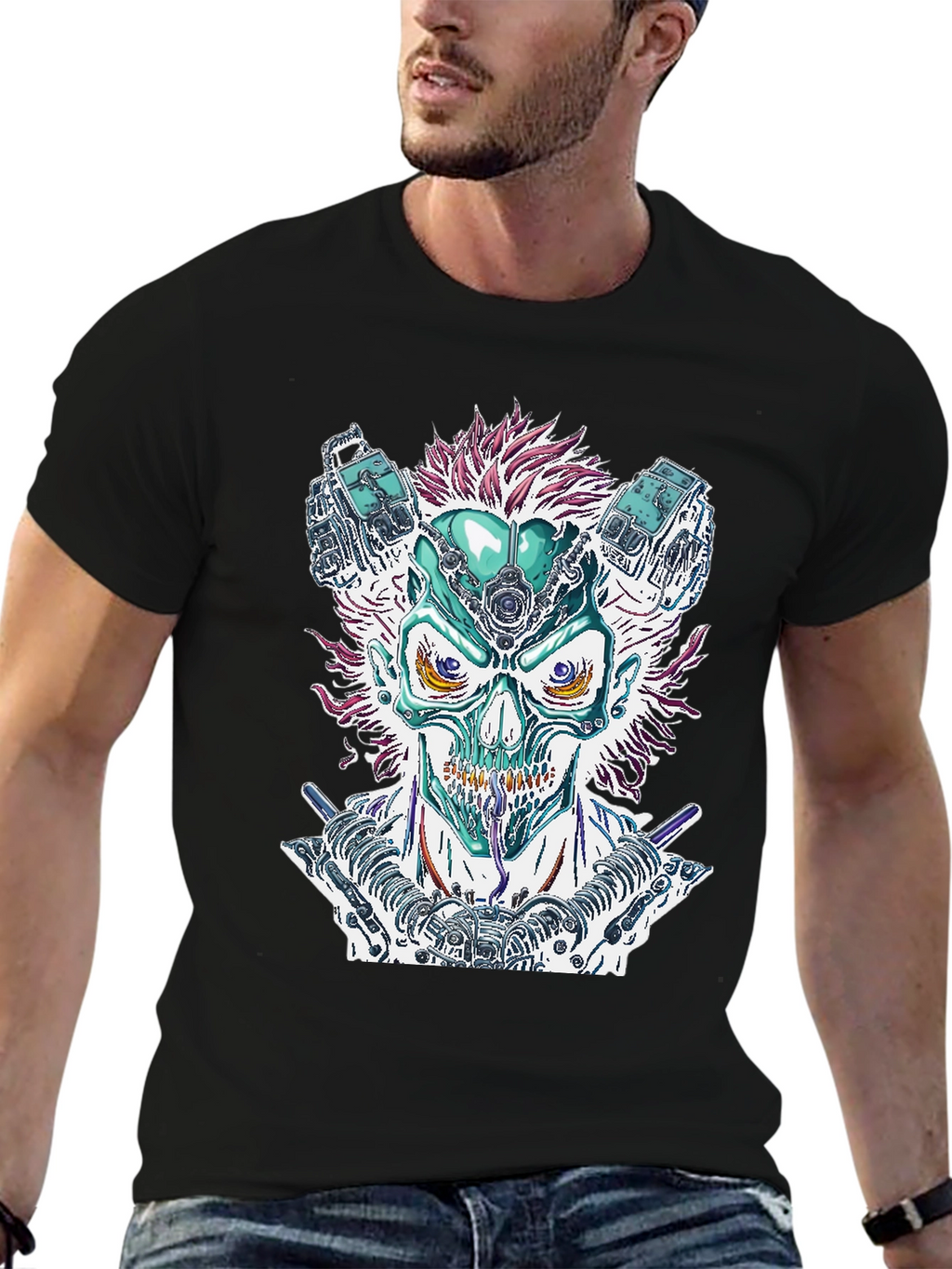 Cyberpunk Skull Graphic Tee - Bold Sci-Fi Fashion