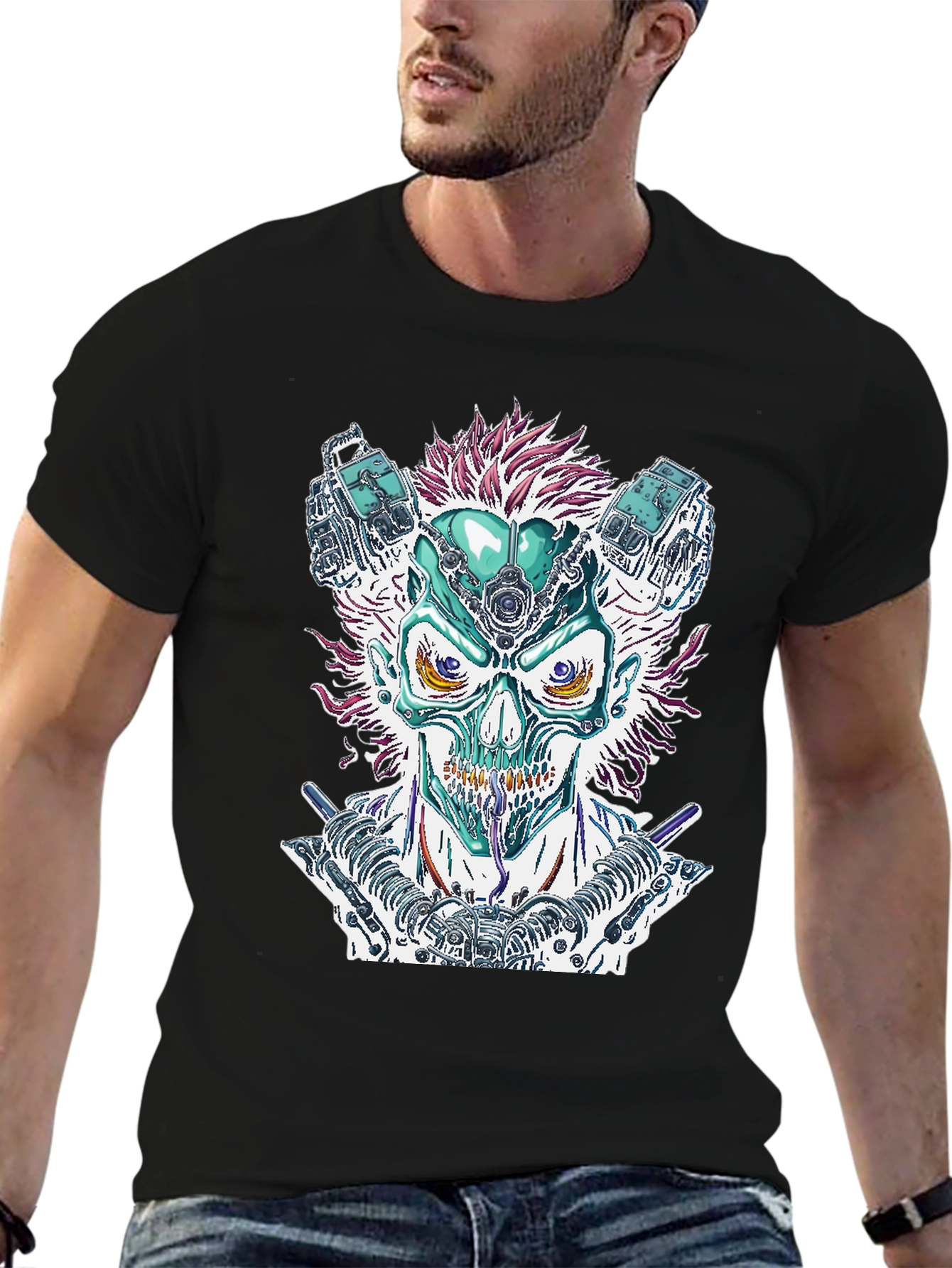 Cyberpunk Skull Graphic Tee - Bold Sci-Fi Fashion