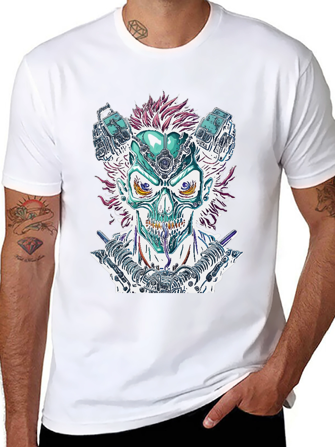 Cyberpunk Skull Graphic Tee - Bold Sci-Fi Fashion