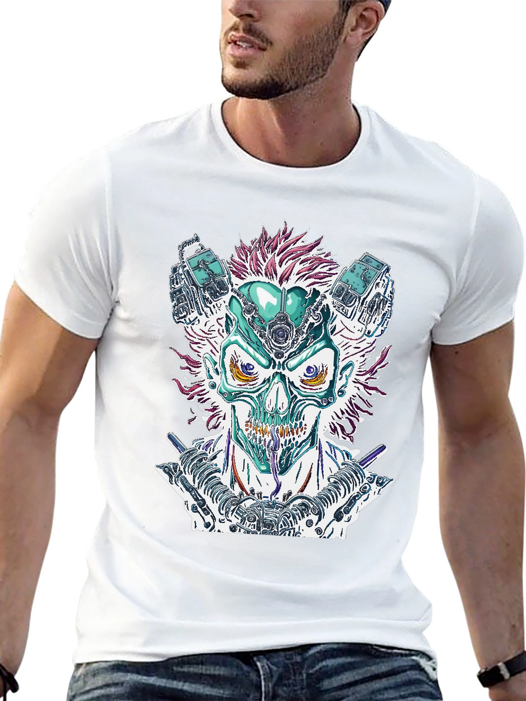Cyberpunk Skull Graphic Tee - Bold Sci-Fi Fashion