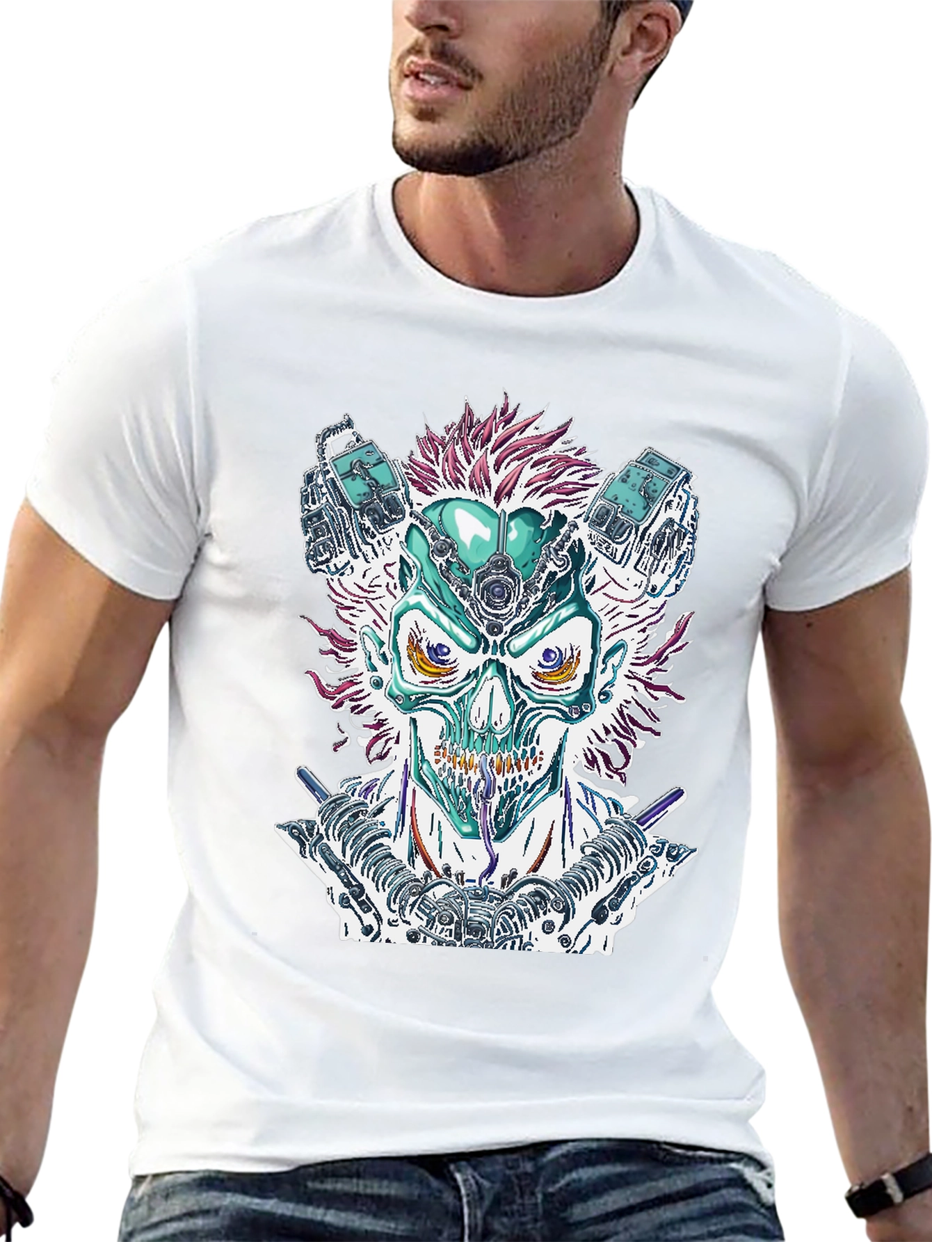 Cyberpunk Skull Graphic Tee - Bold Sci-Fi Fashion