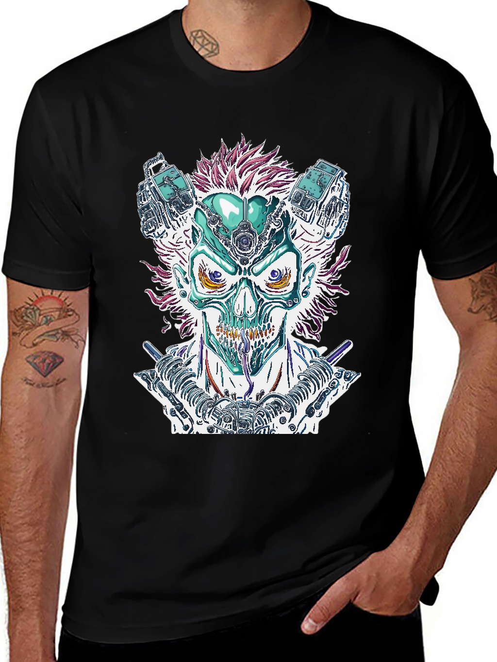 Cyberpunk Skull Graphic Tee - Bold Sci-Fi Fashion