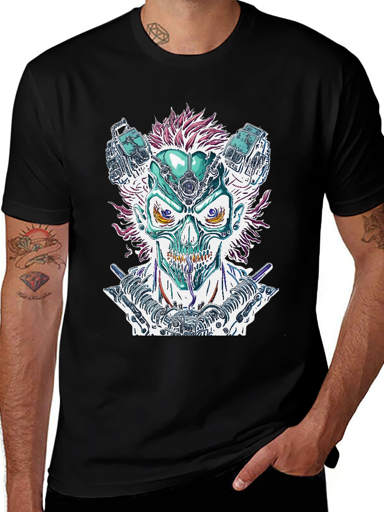 Cyberpunk Skull Graphic Tee - Bold Sci-Fi Fashion