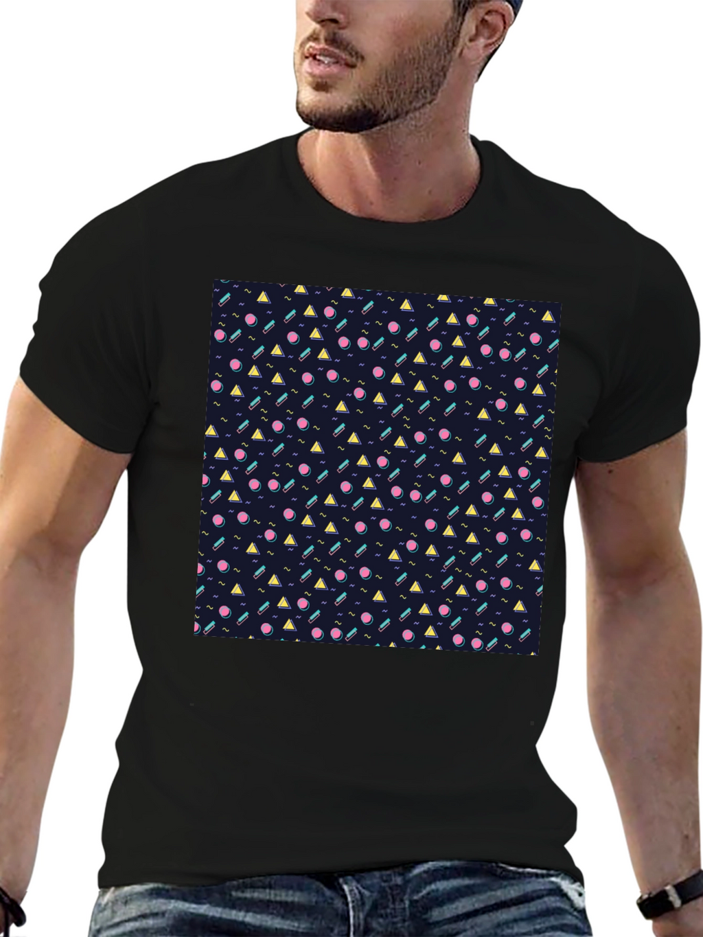 Retro Geometric Pattern Black T-Shirt
