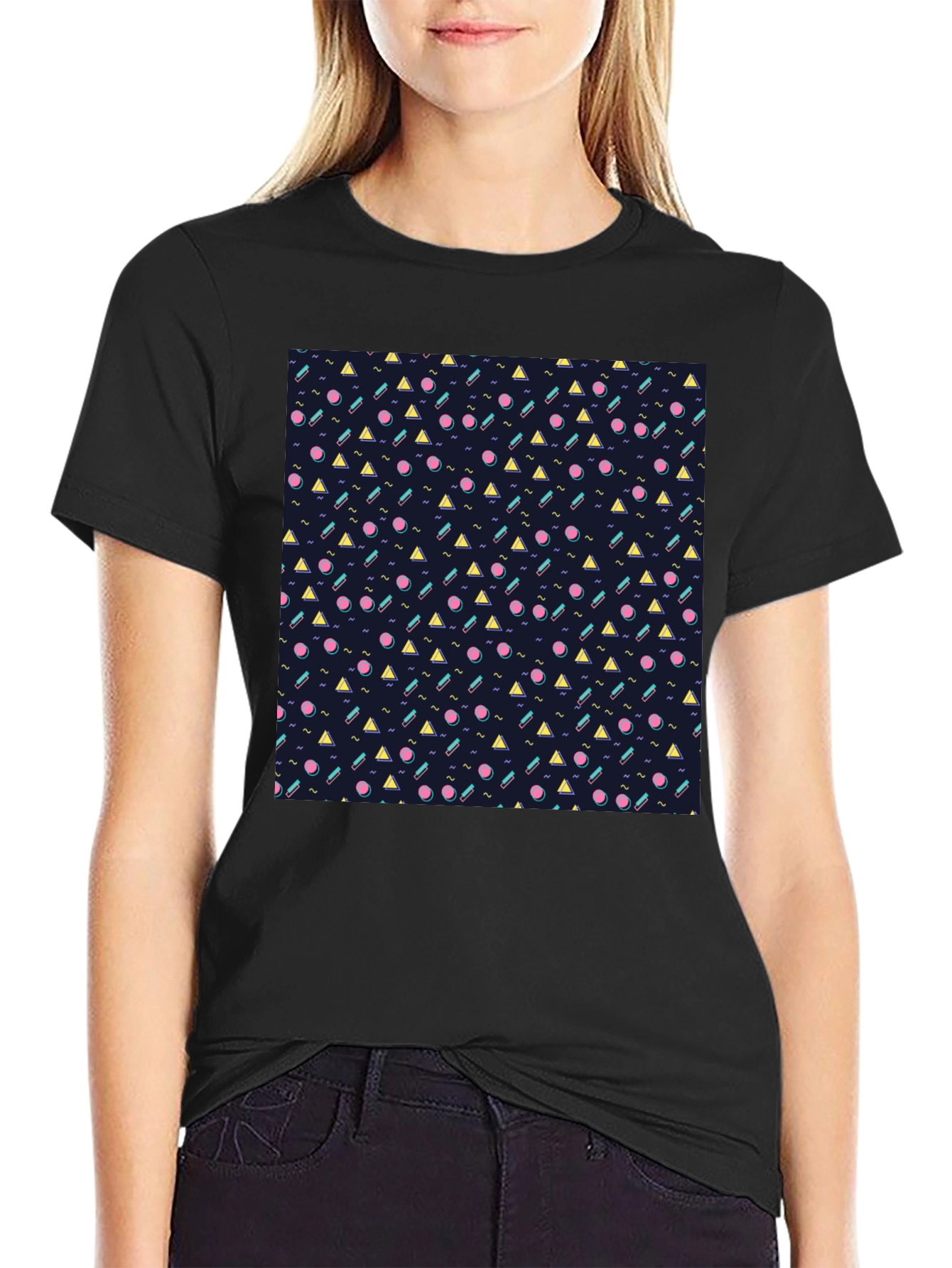 Retro Geometric Pattern Black T-Shirt