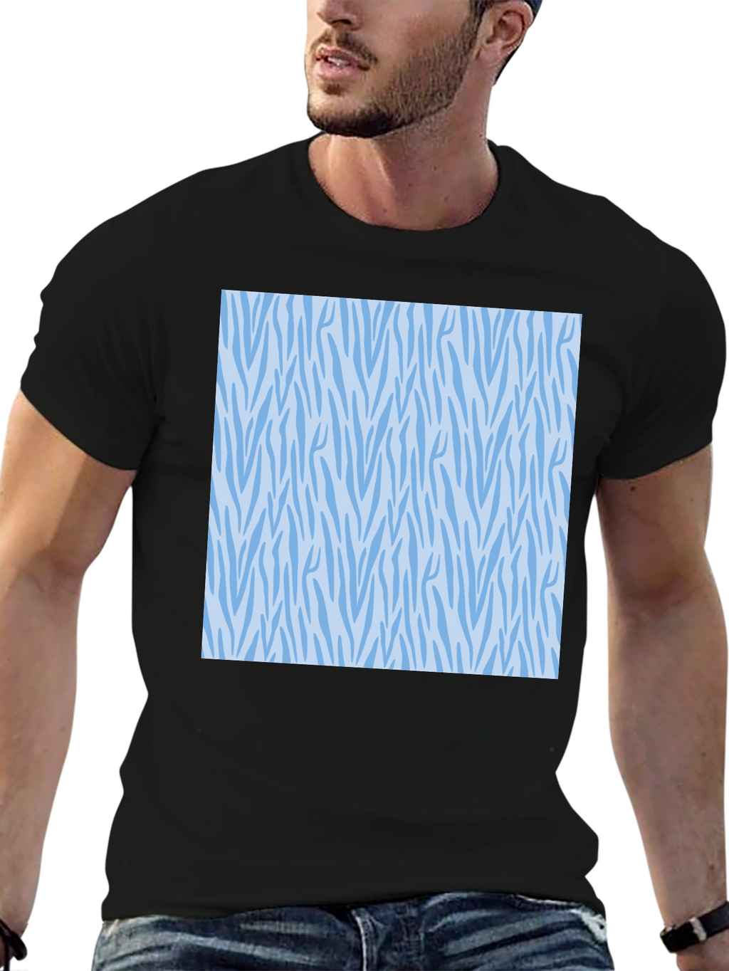 Stylish Black Tee with Blue Zebra Pattern