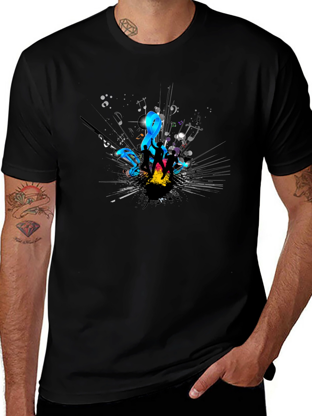 Stylish Black T-Shirt with Music Design