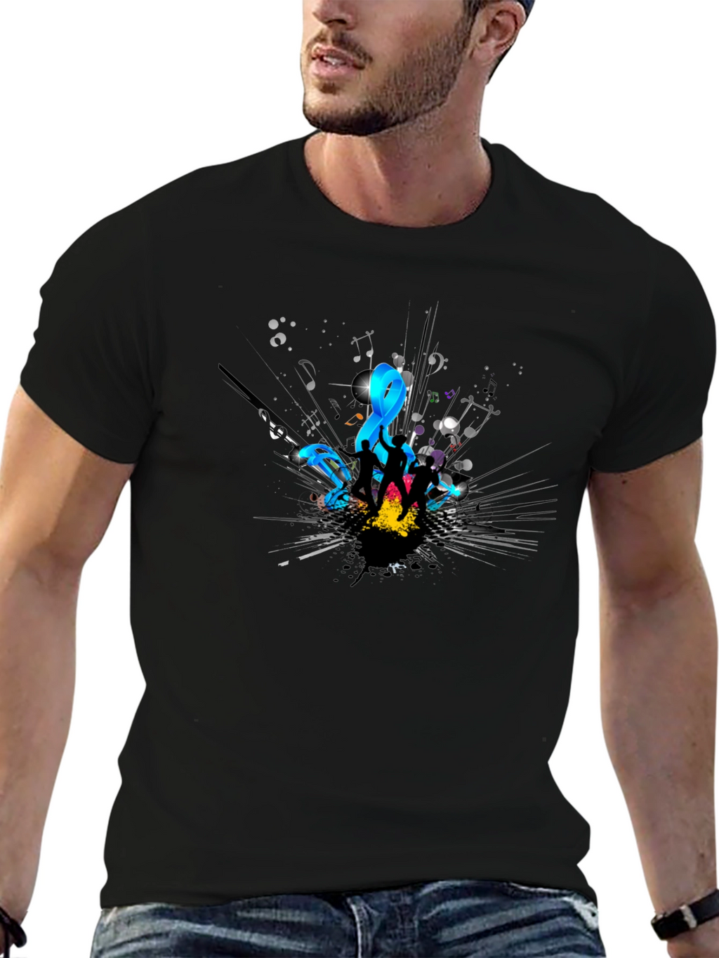 Stylish Black T-Shirt with Music Design