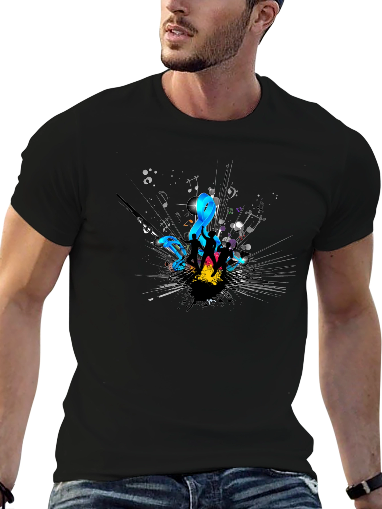 Stylish Black T-Shirt with Music Design