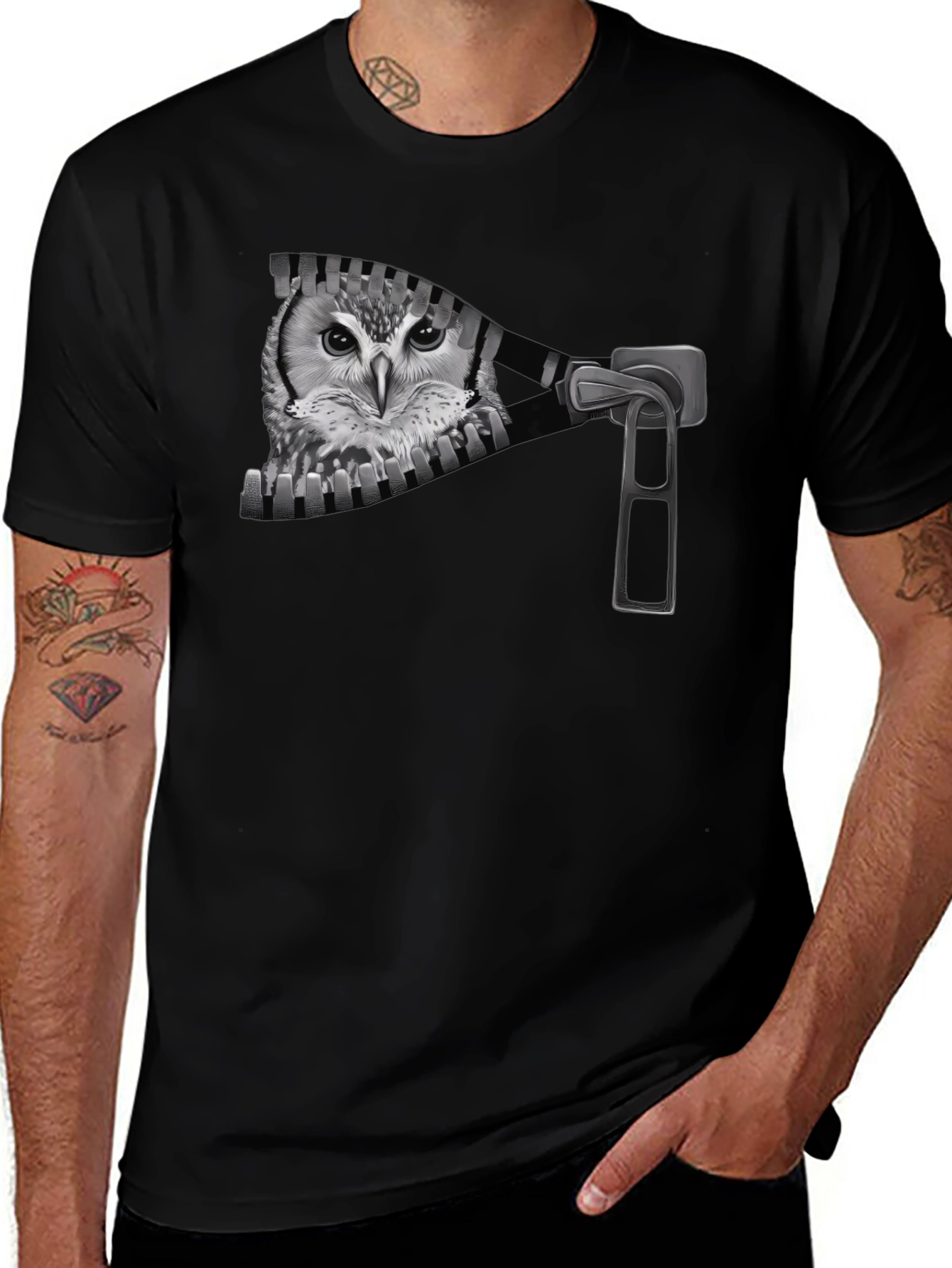 Owl Zip T-Shirt - Mens Graphic Tee