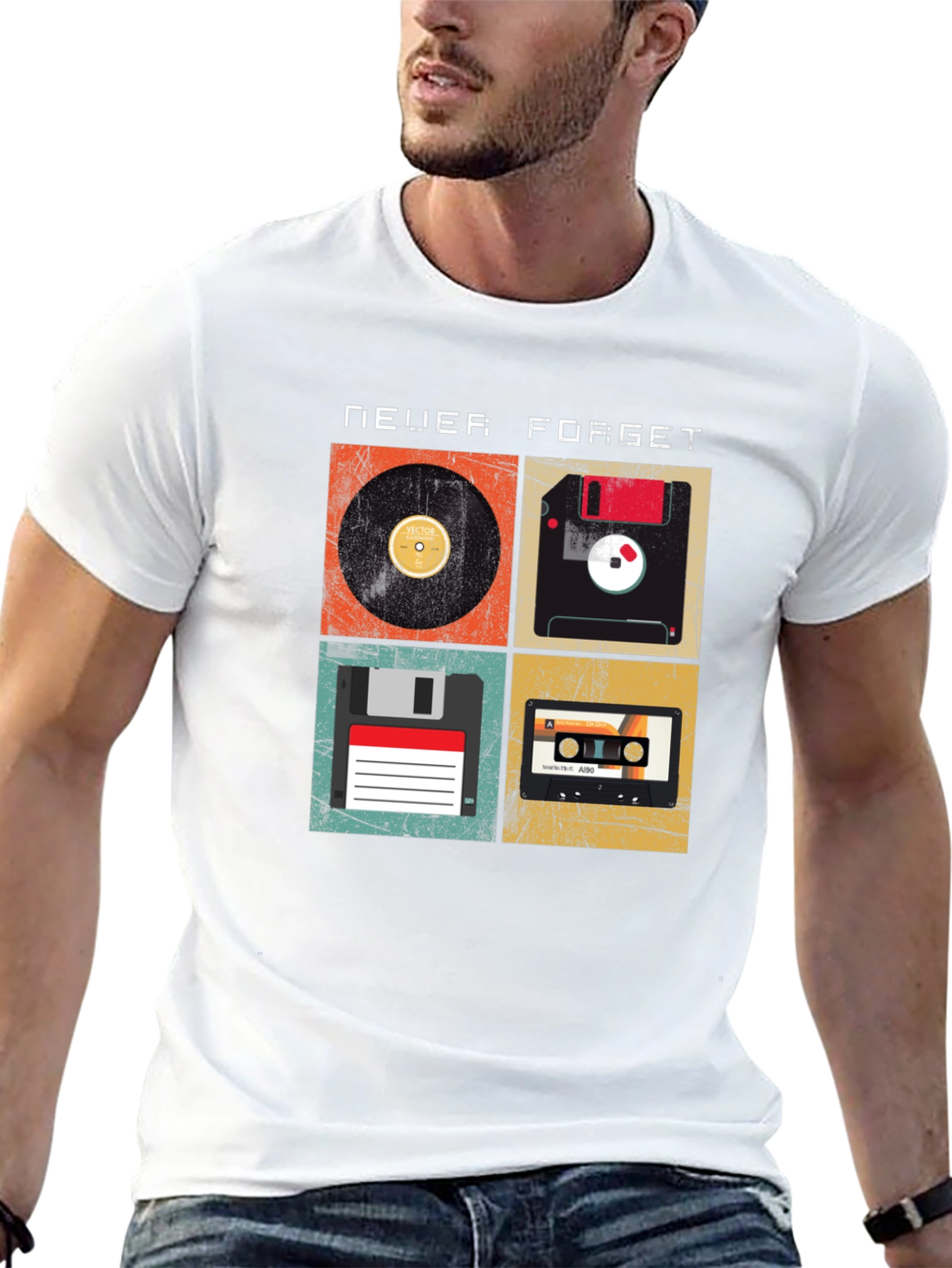 Retro Tech T-Shirt - Never Forget Vinyl Floppy Cassette