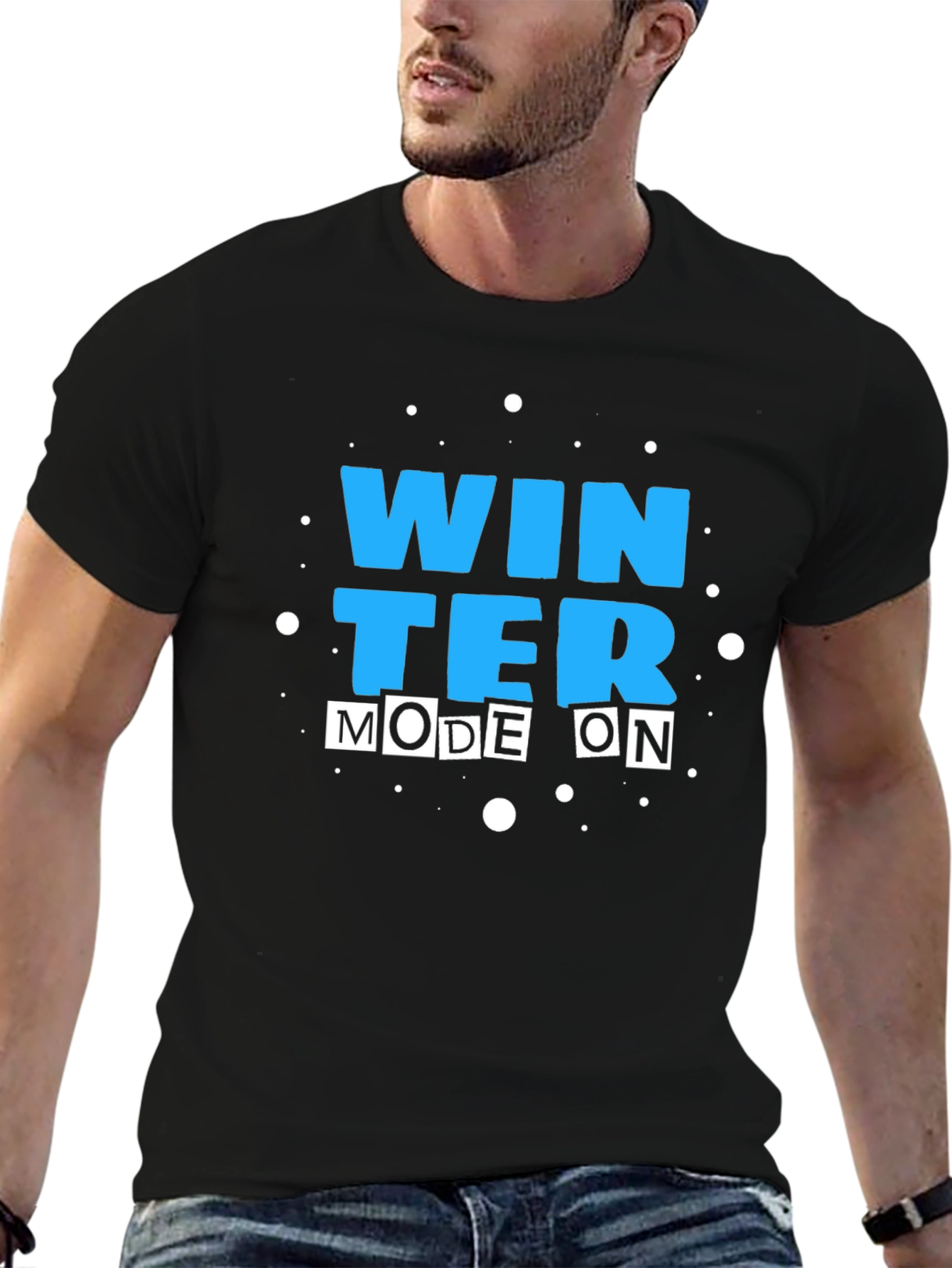 Winter Mode On T-Shirt - Black Cotton Blend