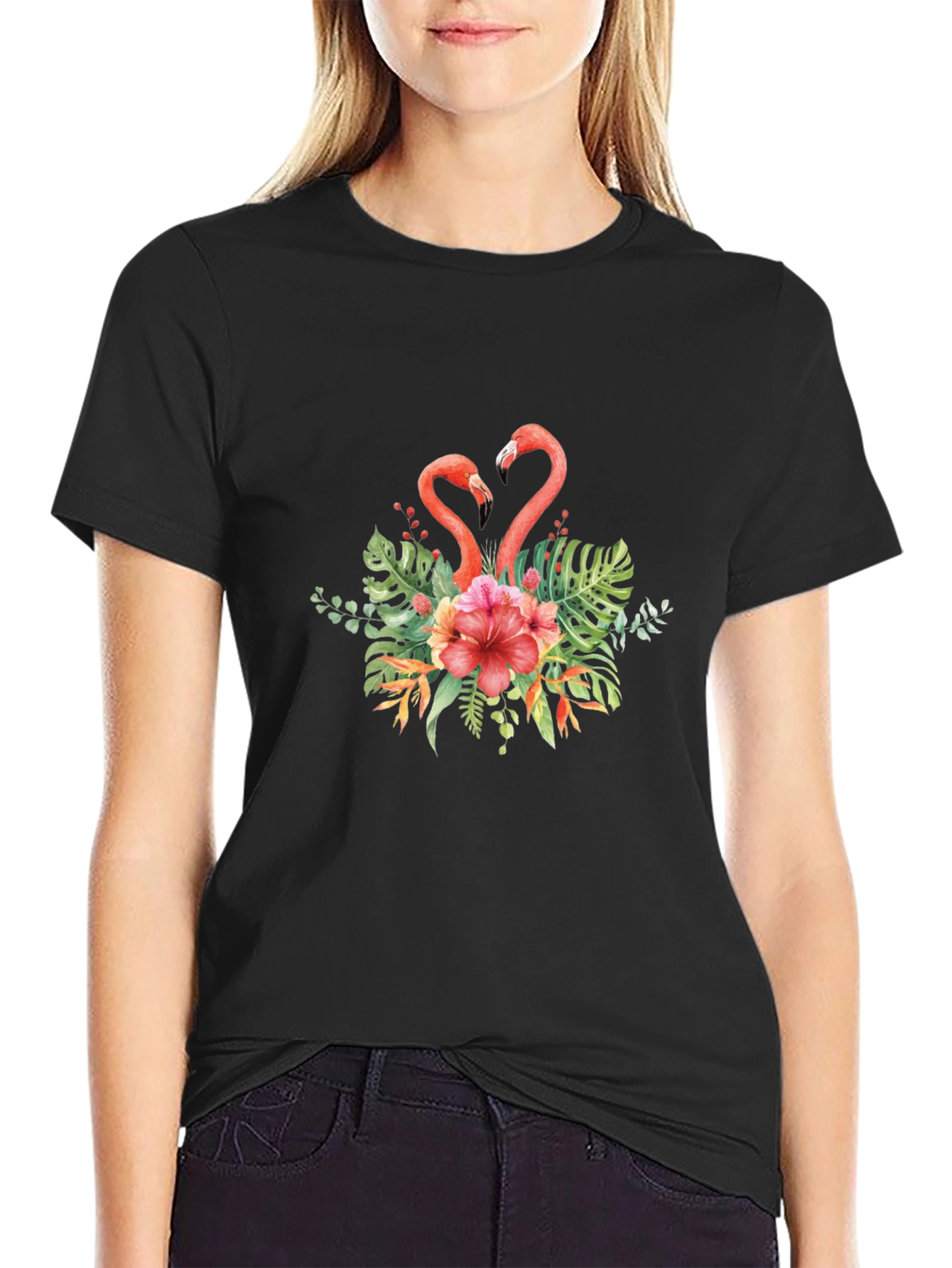 Flamingo Love Tee - Tropical Birds & Hibiscus Flower Design