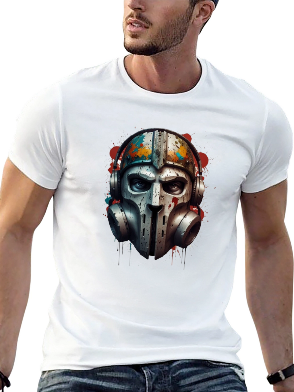 Edgy Warrior Mask Graphic Tee - Black