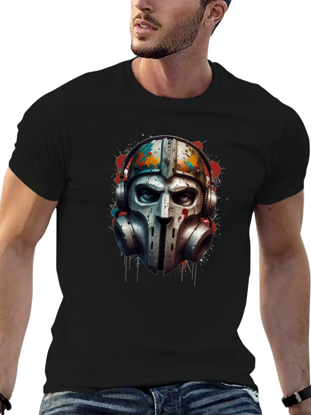 Edgy Warrior Mask Graphic Tee - Black