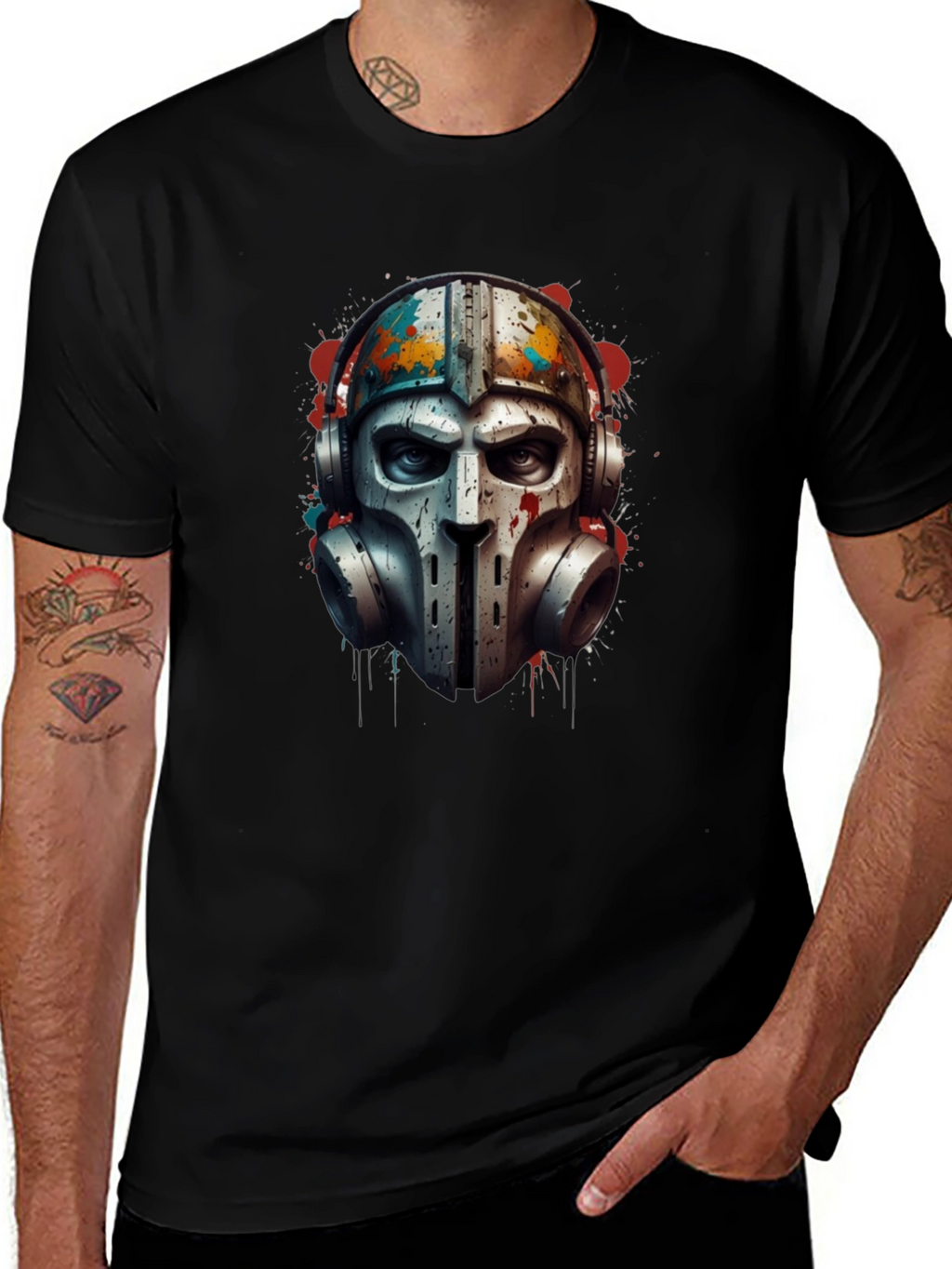 Edgy Warrior Mask Graphic Tee - Black