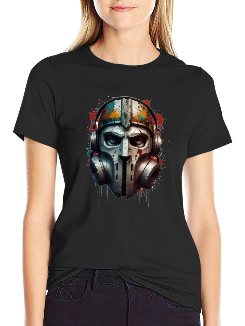 Edgy Warrior Mask Graphic Tee - Black