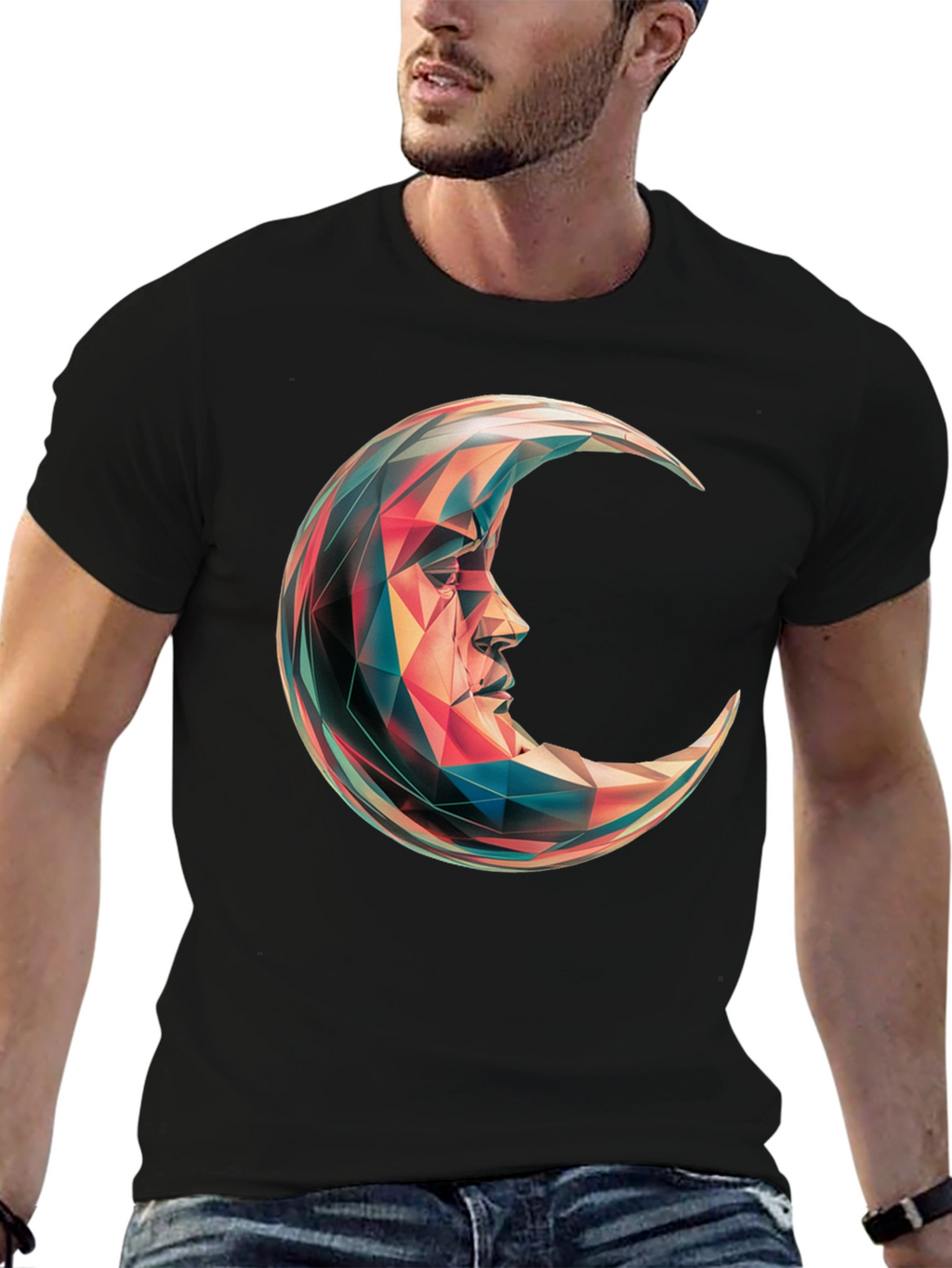 Geometric Crescent Moon Graphic T-Shirt - Black