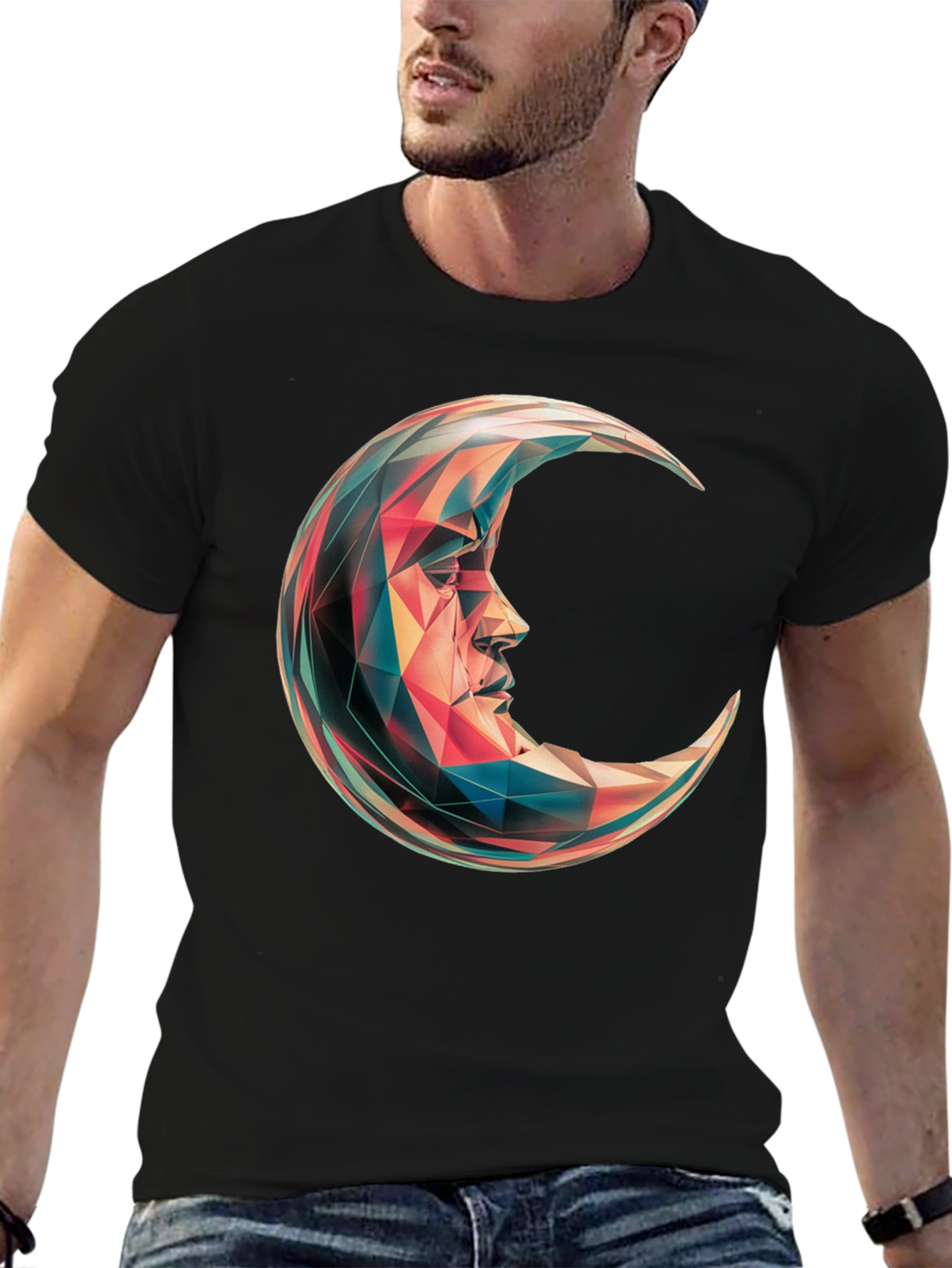 Geometric Crescent Moon Graphic T-Shirt - Black
