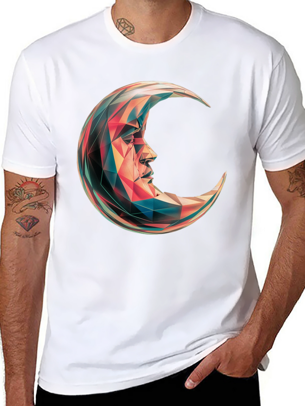 Geometric Crescent Moon Graphic T-Shirt - Black
